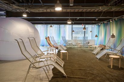 Multicolored curtain with chairs