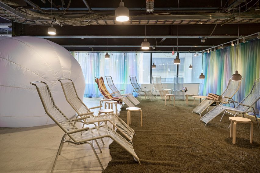 Multicolored curtain with chairs
