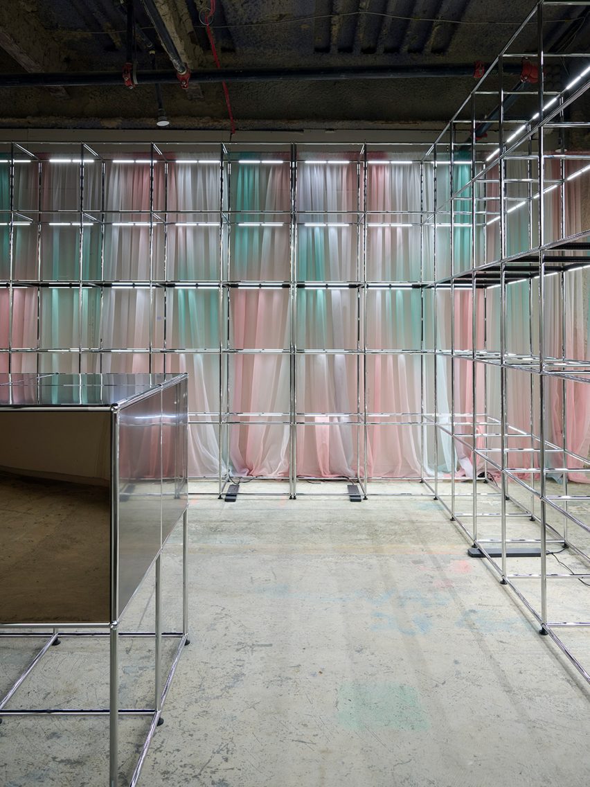 Multicolored curtain behind shelving