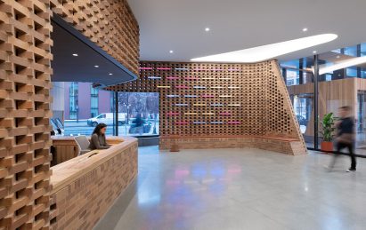 Lobby interior with red brick walls