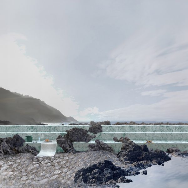 Painting of rocks and sea
