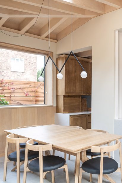 Wood-lined interior of Cast Corbel House by Grafted