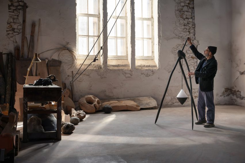 Jérôme Pereira with his Compass floor lamp for Galerie Philia