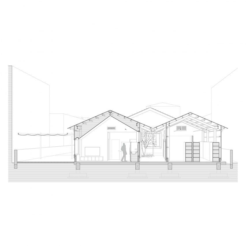 Section of Double Roof House by Studio Tngtetshiu