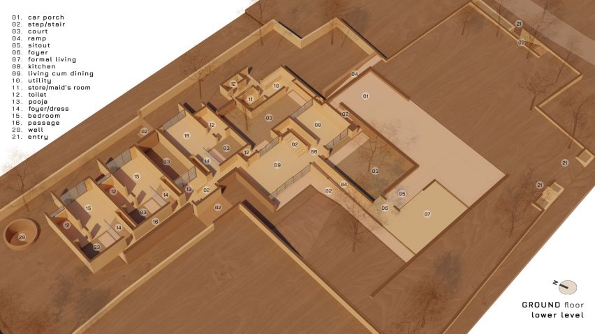 Ground floor plan of The Stoic Wall Residence by Lijo Reny Architects