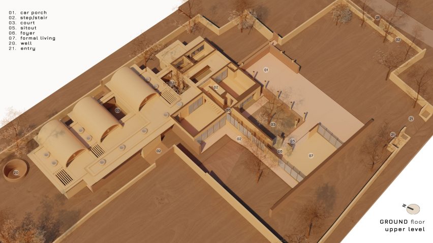 Upper ground floor plan of The Stoic Wall Residence by Lijo Reny Architects