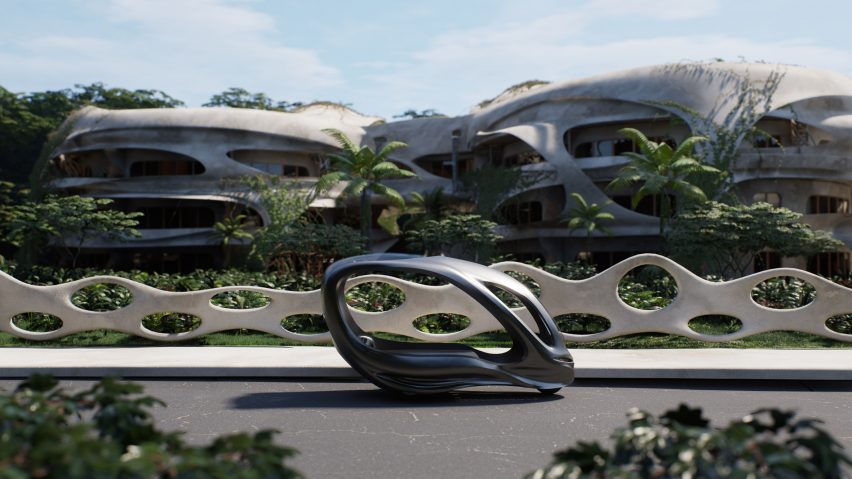 Little electric car in front of curving residences