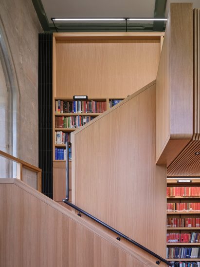 Staircase up to timber balcony within revamp by Nex and Donald Insall Associates