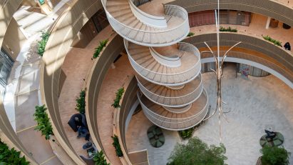 Circular staircase in wooden building