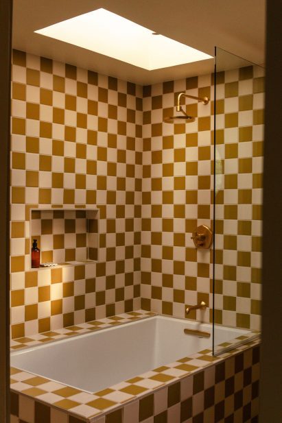 Bathroom with checkerboard tiling