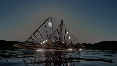 A visualisation of an architectural structure floating on water at night.