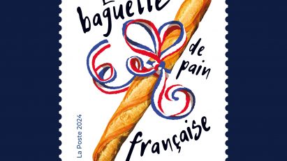 Baguette stamp against a blue background