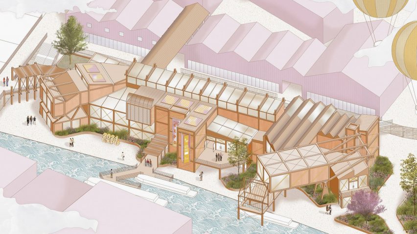 Visualisation of an educational centre in colours of pink and orange, with blue water next to it and green trees.