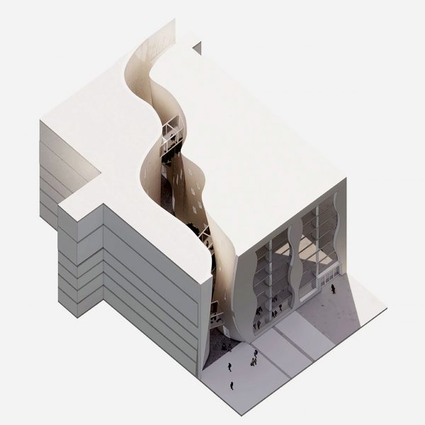 Visualisation of a library, white and brown in colour, on a white backdrop.