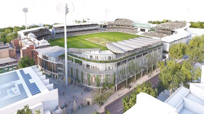 Rendered view of cricket ground redevelopment by WilkinsonEyre