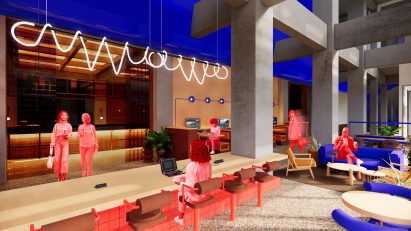 Visualisation of a community space with a large workbench, blue walls and concrete structures.