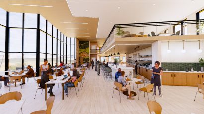 Visualisation of a café within an apartment complex with people eating and working at tables.