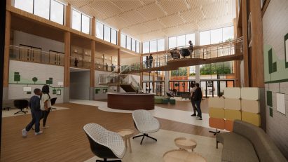 Visualisation of a community centre reception with people passing through.