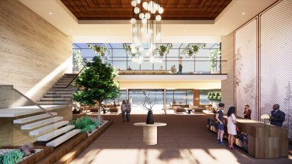 Visualisation of an open plan resort and spa.