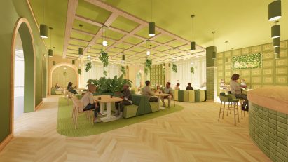 Visualisation of a hotel communal space with arched doorways, filled with guests sitting at tables.