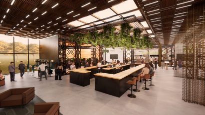 Visualisation of a communal space within a mixed-use apartment building with hanging floristry.