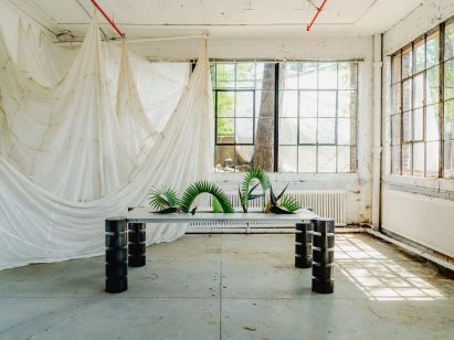 Long table with steel chairs