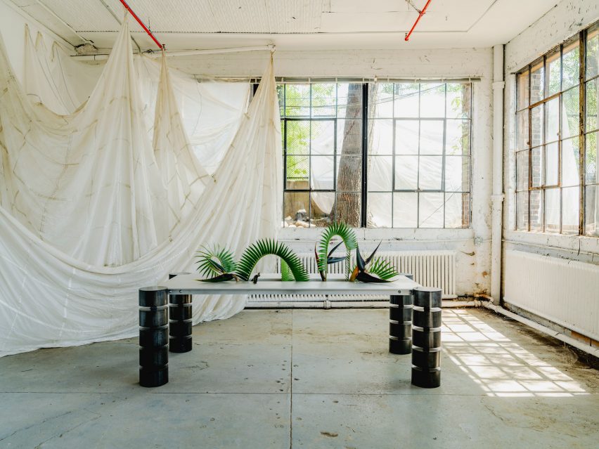 Long table with steel chairs