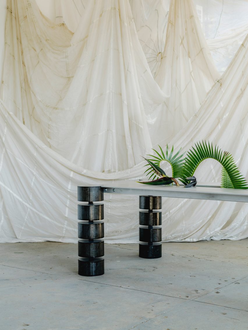 Long table with steel chairs