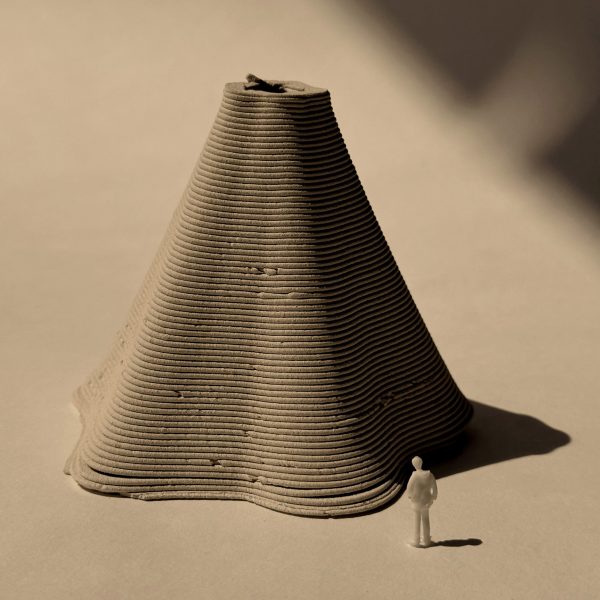 A visualisation of an architectural structure, in tones of brown, with a figure standing next to it.