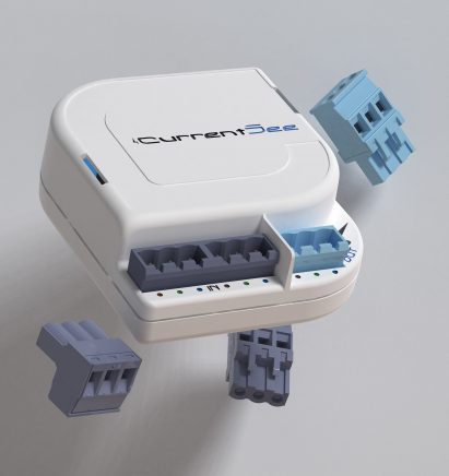 A visualisation of an electronic product, white and blue in colour, with the word 'CurrentSee' written on it in black and blue.