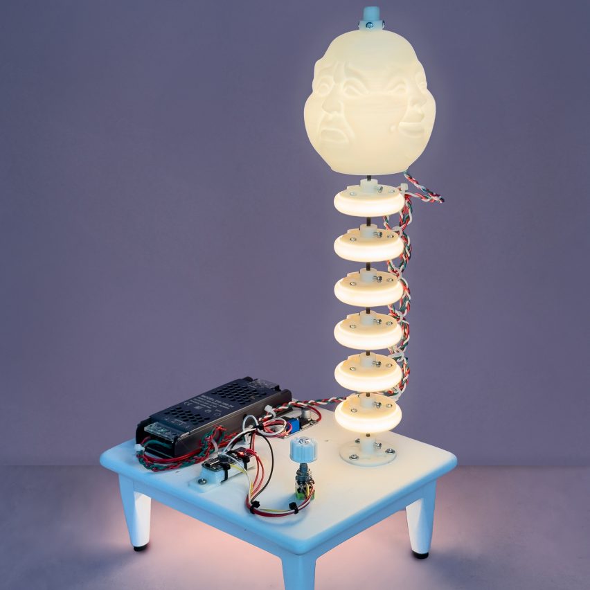 A table and lamp with a head on it