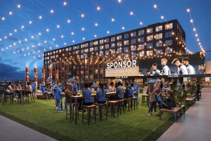 Cube-shaped sports bar at the stadium