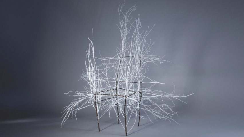 Chair frame with white branch-like structure attached to it