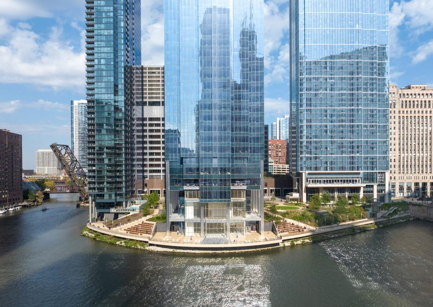 Glass towers along Chicago river