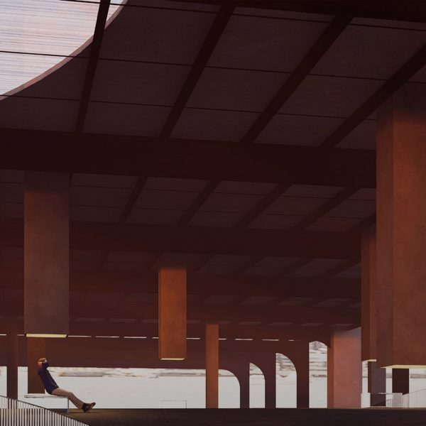 Visualisation of an exterior space in dark brown tones with a person sitting in the space.