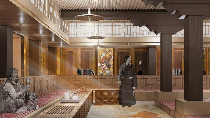 Visualisation of an interior in brown tones, with people in the space.