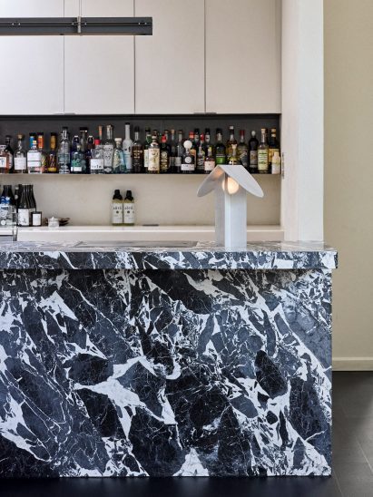 Black marble with metal lamp
