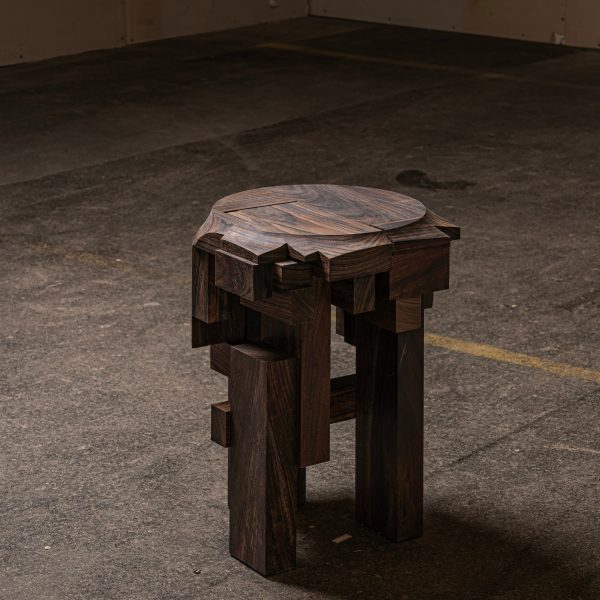 Carved wooden stool on show in Bucharest