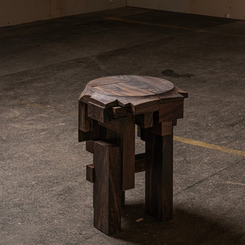 Carved wooden stool on show in Bucharest