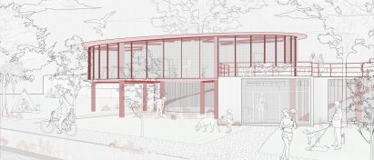 A visualisation of a red building amongst black and white illustrations of people, trees and animals.