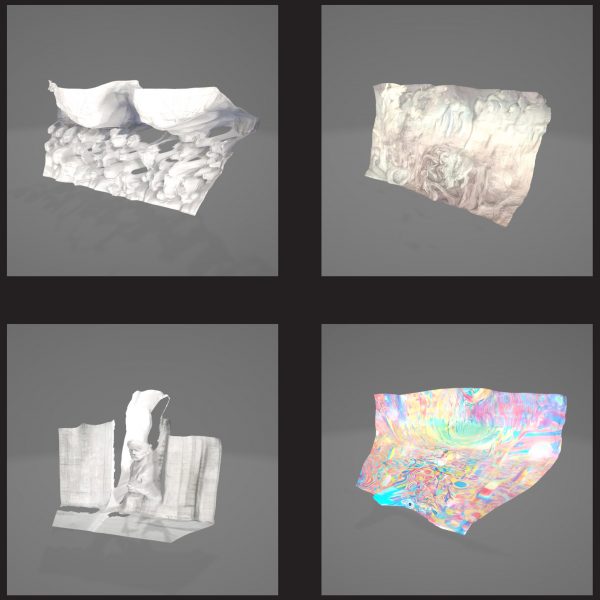 Visualisation of a digital project displaying abstract white shapes on grey backgrounds.