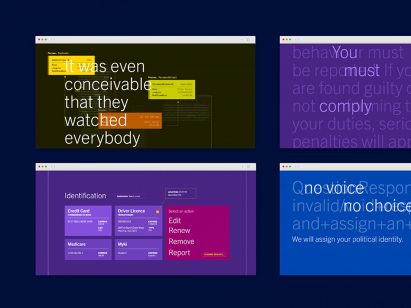 A visualisation displaying different webpages with varying white text on them, amongst colours of green, yellow, orange, purple, pink and blue.