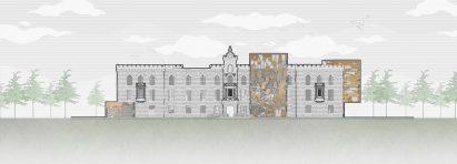 Visualisation of a therapy centre as a grey and gold building on a grey backdrop, with green trees either side.