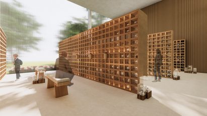 Visualisation of a funeral centre interior, showing tall brown wooden rectangular structures with people sitting on benches and passing through and a large glass window showing green trees outside.