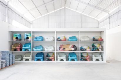 Shelves holding woven seats by Space Available