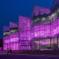 Exterior night view of Vertical Farm Beijing by Van Bergen Kolpa Architecten