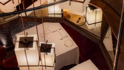 Lanterns hanging between floors of Aragawa restaurant Mayfair by Rosendale Design