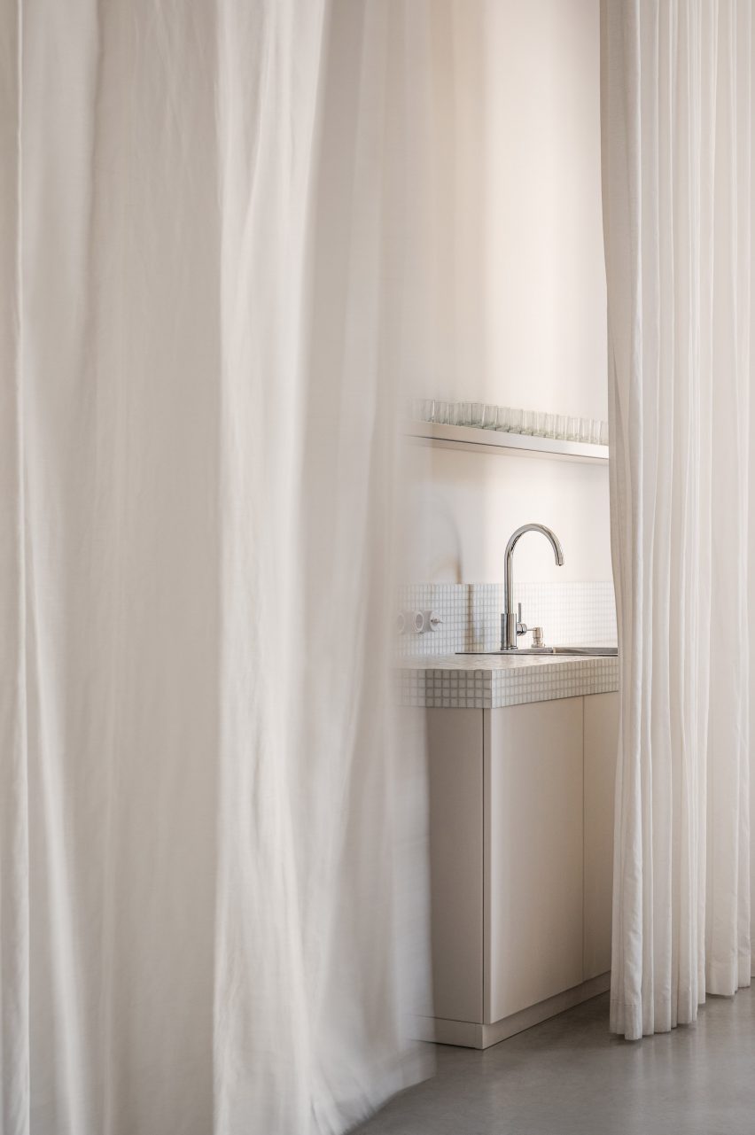 Kitchenette behind curtains