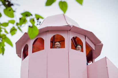2LG studio peeking out of the pink-painted helter skelter
