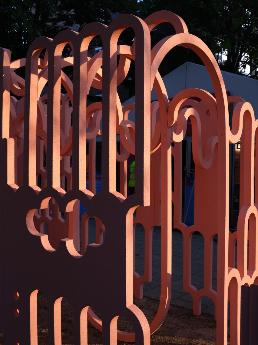 Detail of pink arches in pavilion